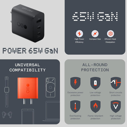 Nothing 65W GaN 3-in-1 USB-C Fast Adapter (Cable Not Included)